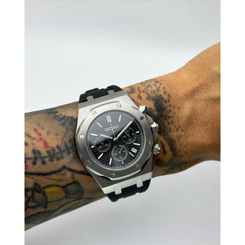 Custom Seiko Mod • Black Quartz Chronograph Silver AP on Rubber Strap • 42mm